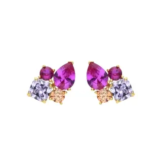 Pendientes de Plata de Ley 925 y Cuarzo Hidrotermal Frambuesa acabados en oro amarillo de 18k